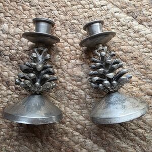 Set of Two Silver Pinecone Metal Candle Holders
